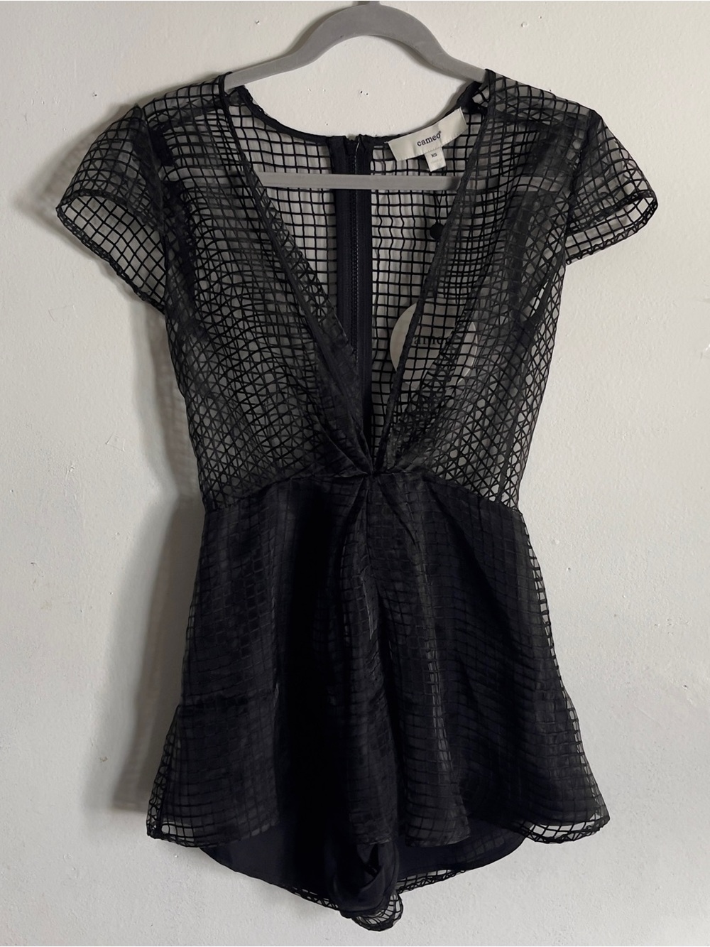 Cameo Once Too Often Black Sheer Grid Mesh Romper XS NWT Plunge Neck